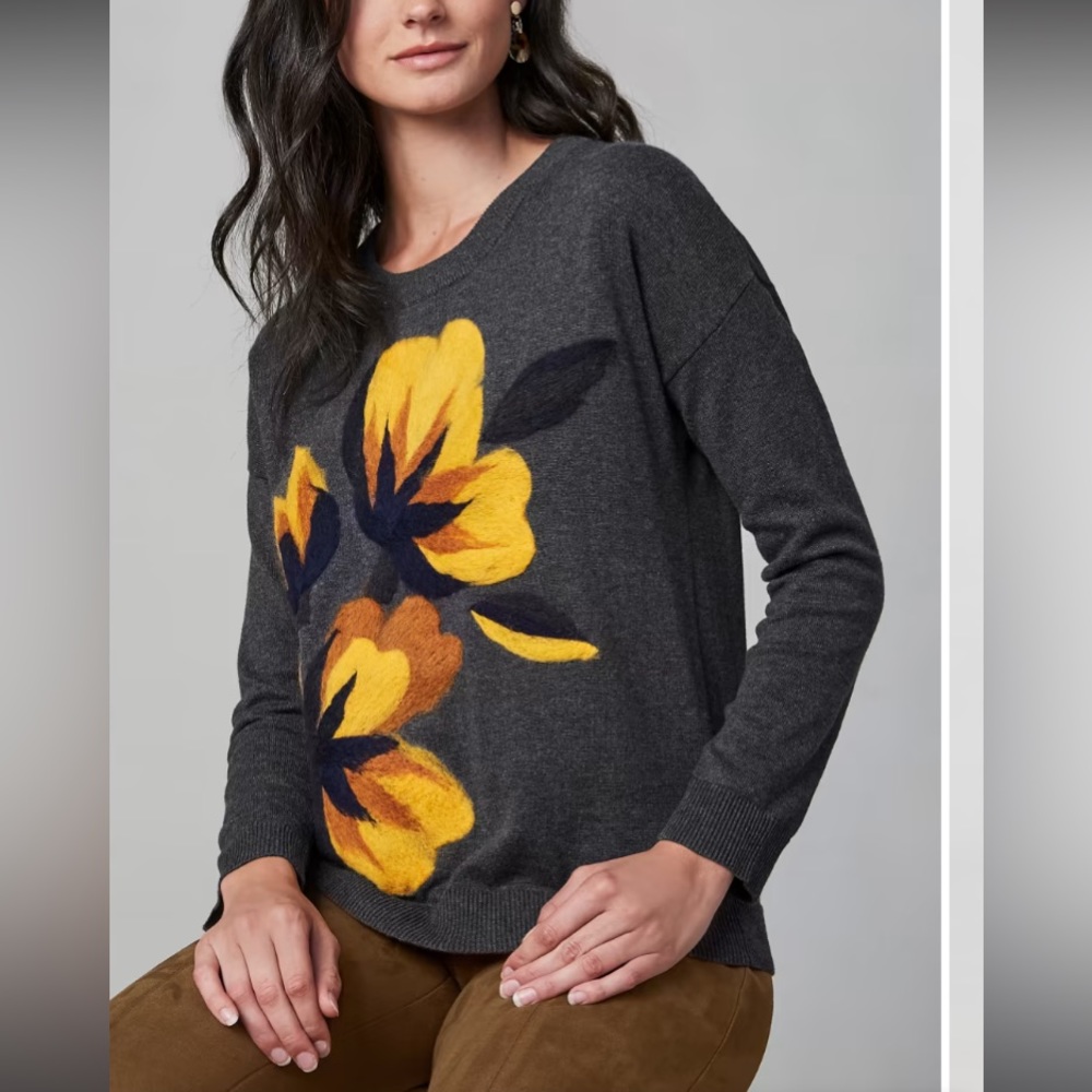 Spanner charcoal, crew neckline large floral details yellow/black poppies Size S